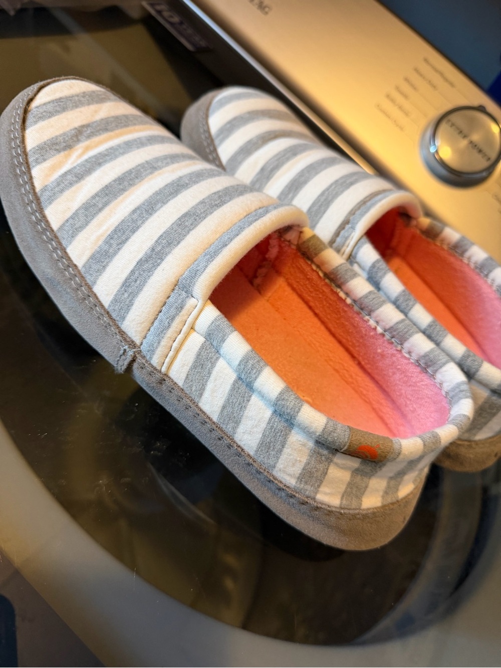 Acorn Gray & White Striped Slip-On Slippers with Pink Lining
